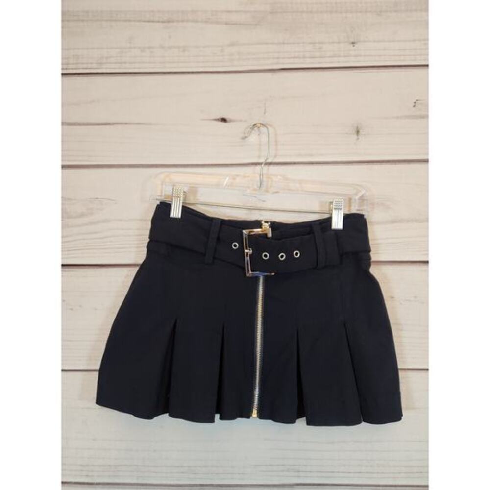 Fashion Nova Women's Black Stretch Belted Pleated Front Zipper Mini Skirt Size S
